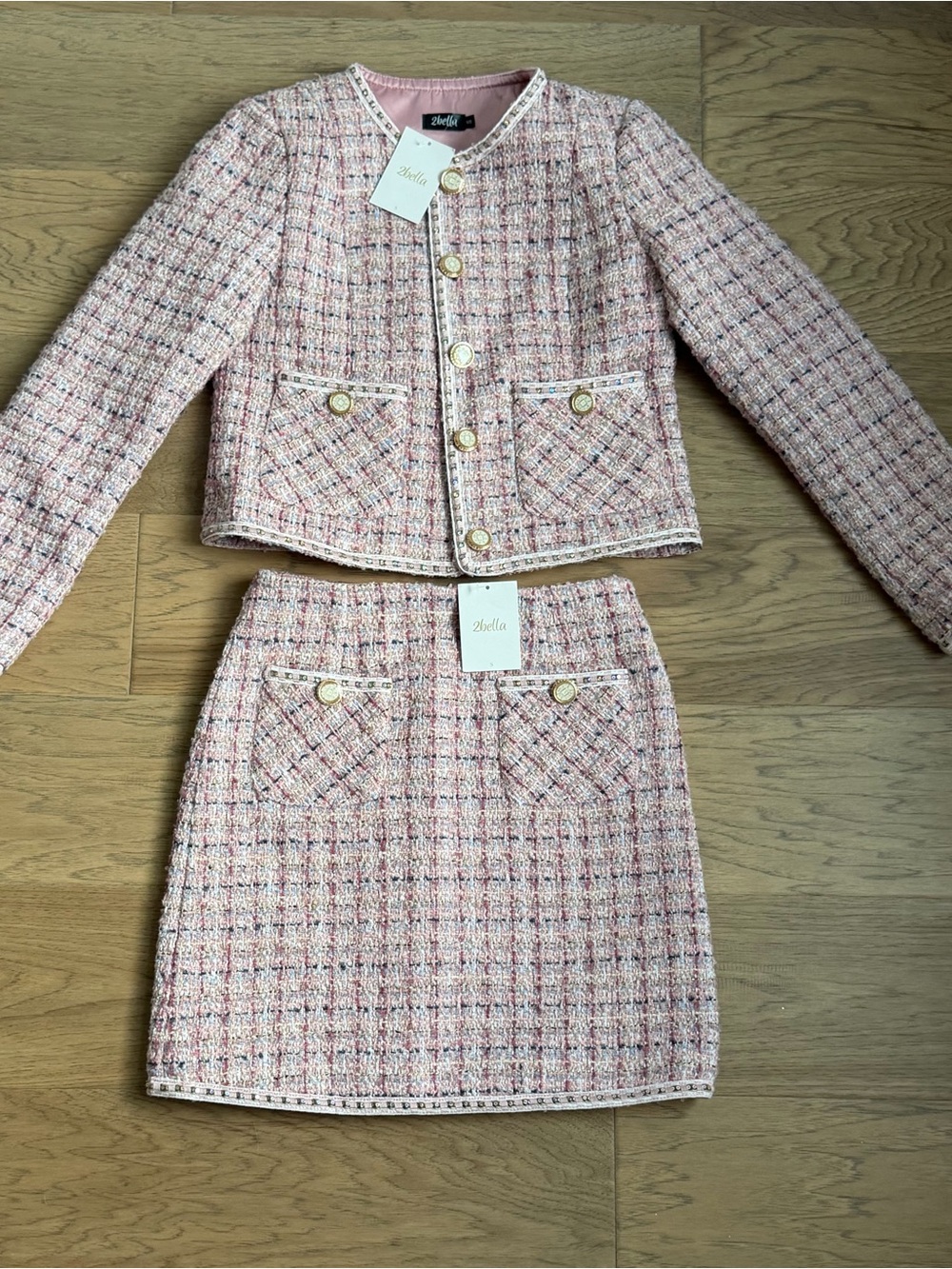 Bella Pink Tweed Cropped Blazer & Skirt Set